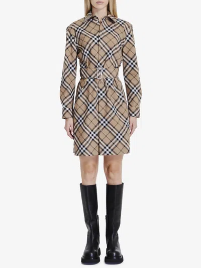 Burberry Chemisier Cotton Short Dress With Check Print In Nude