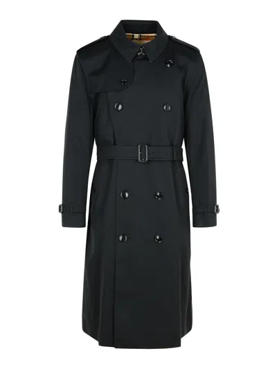 Burberry Long Black Cotton Kensington Trench Coat
