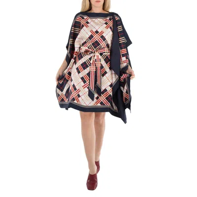 Burberry Abstract Check Print Silk Belted Cape In Blue/red