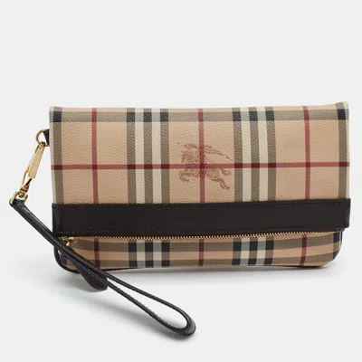 Pre-owned Burberry Adeline Black/beige Haymarket Coated Canvas Foldover Clutch
