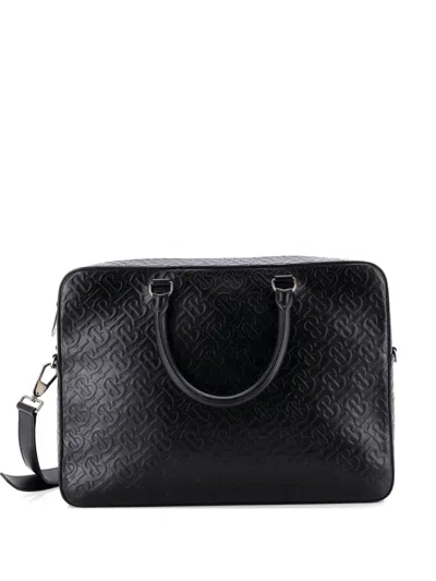 Pre-owned Burberry Ainsworth Briefcase Tb Monogram Embossed Leather Business Bag In Black