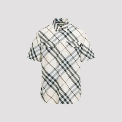 Burberry Check Short Sleeve Cotton Button-up Shirt In White