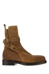 Burberry Suede Ankle Boots Block Heel Pull Tab In Brown