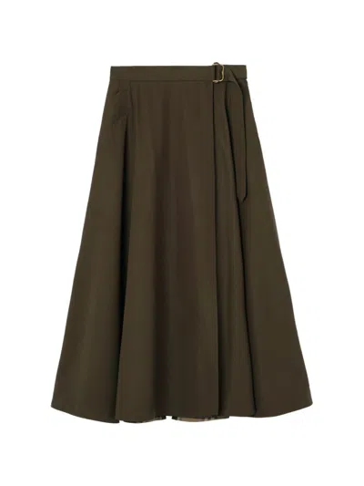 Burberry A-line Wool Twill Midi Skirt With Buckle Belt And Front Slit In Brown