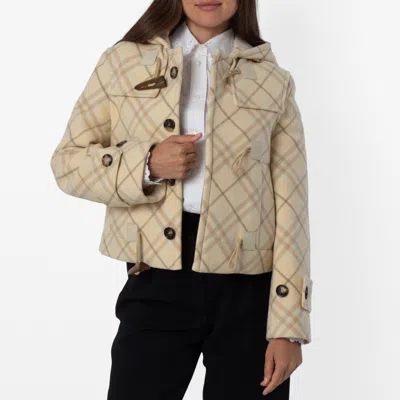 Burberry All Over Check Pattern Wool Blend Hooded Jacket