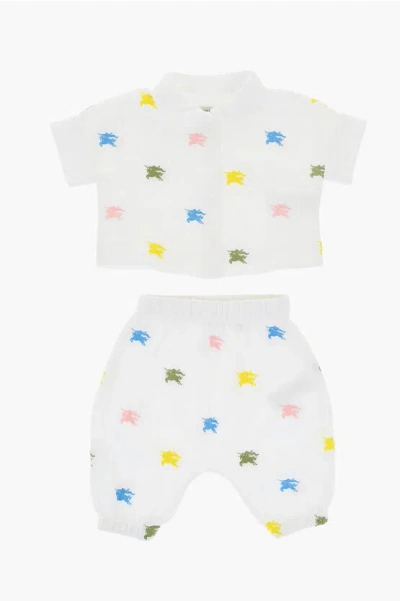 Burberry All Over Embroidery Logo Cotton Pants And Shirt Set