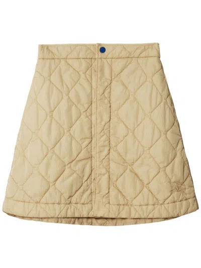 Burberry Almond Beige Diamond Quilting Signature Equestrian Knight Embroidered A-line High Waist Skirt In White