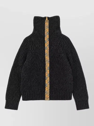 Burberry Alpaca Wool Ribbed High Neck Zip Cardigan In Black