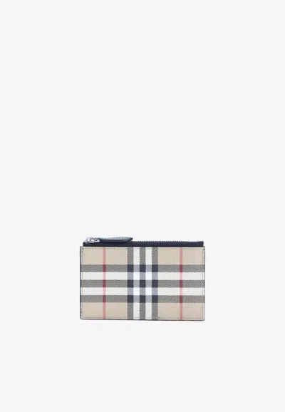 Burberry Alwyn Checked Leather Zipped Cardholder In Sand