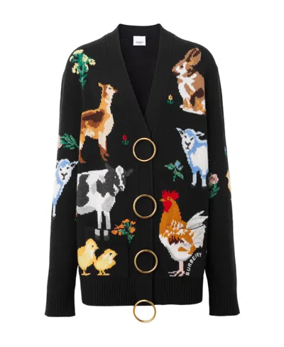 Burberry Animal Intarsia Wool-cashmere Cardigan In Black