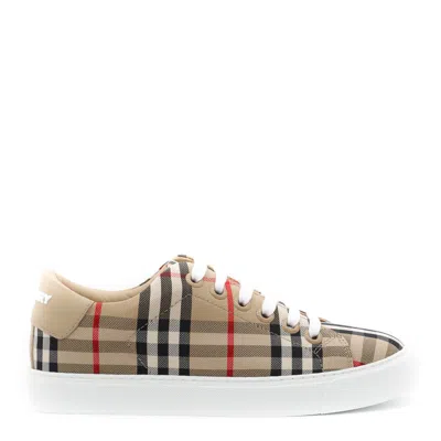Burberry Archive Beige Canvas And Leather Sneakers In Tan