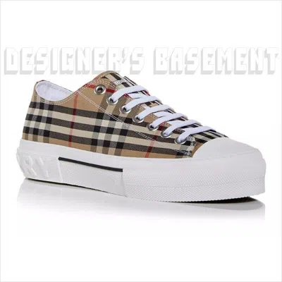 Pre-owned Burberry Archive Beige Check Canvas 44eu/10uk Rubber Logo Jack Sneakers $650 In Brown