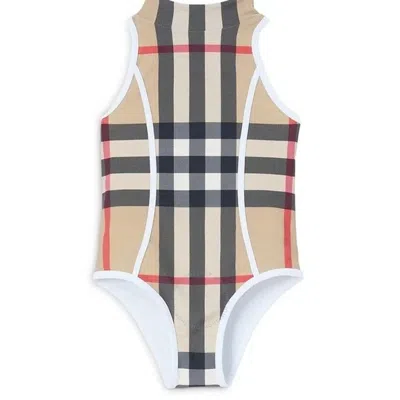 Burberry Kids'  Archive Beige Girls Vine Vintange Check One-piece Swimsuit In Neutral