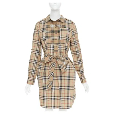 Pre-owned Burberry Archive Beige Vintage Check Button Down Belted Shirt Dress Uk10 S In Brown