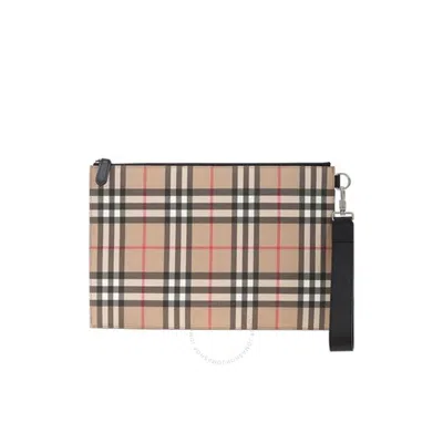 Burberry Archive Beige Vintage Check E-canvas And Leather Zip Pouch