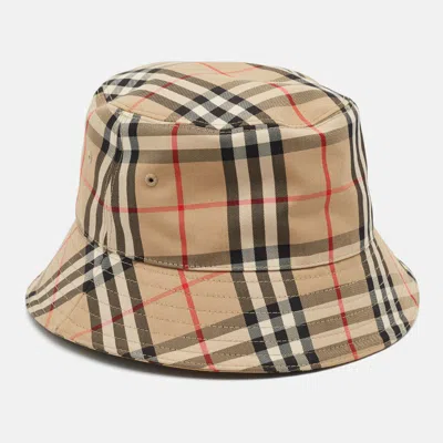 Pre-owned Burberry Archive Beige Vintage Check Print Cotton Bucket Hat M/57 Cm In Sand