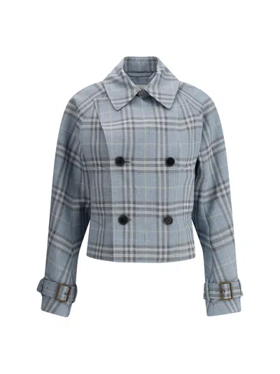 Burberry Check Silk Blend Trench Jacket In Blue