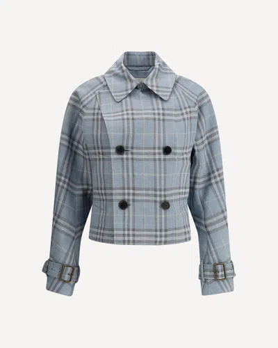 Burberry Check Silk Blend Trench Jacket In Blue