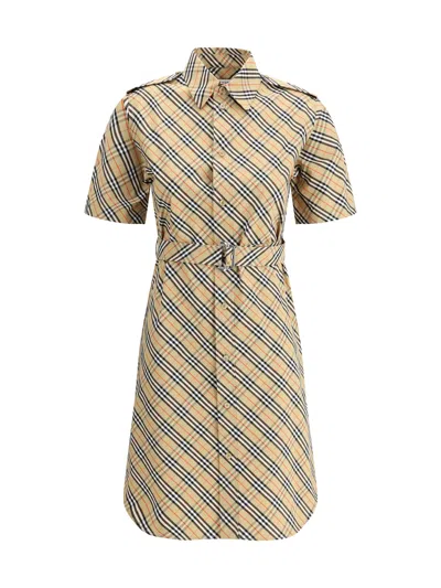 Burberry Classic Check Cotton Dress With Belted Waist In Neutral