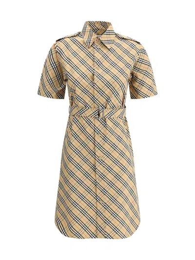 Burberry Classic Check Cotton Dress With Belted Waist In Neutral