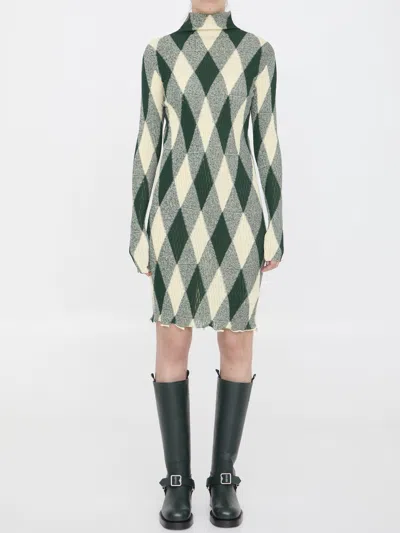 Burberry High-neck Slim Fit Dress With Argyle Motif In Green