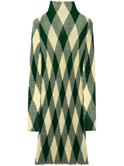Burberry High-neck Slim Fit Dress With Argyle Motif In Green