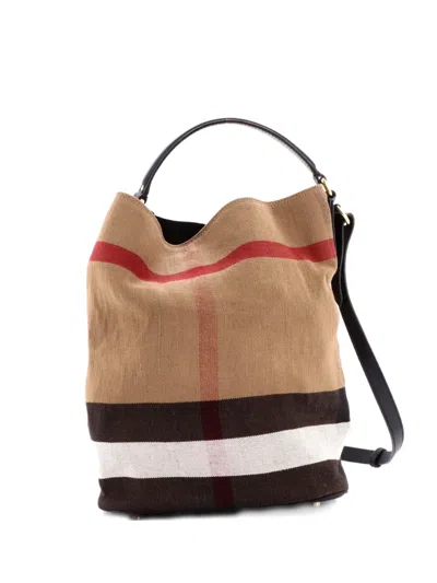 Pre-owned Burberry Ashby Bag House Check Canvas Medium Bucket Bag In Black