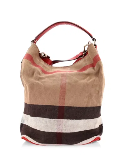 Pre-owned Burberry Ashby Bag House Check Canvas Medium Bucket Bag In Brown