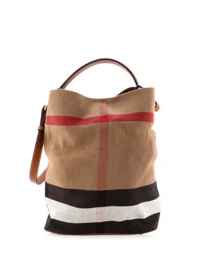 Pre-owned Burberry Ashby Bag House Check Canvas Medium Bucket Bag In Brown