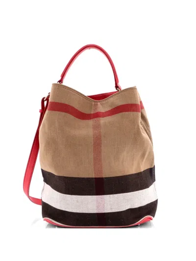 Pre-owned Burberry Ashby Bag House Check Canvas Medium Bucket Bag In Red