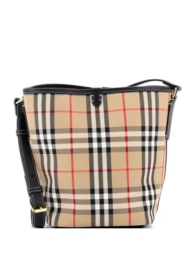 Pre-owned Burberry Ashby Vintage Check Canvas With Leather Mini Bucket Bag In Brown