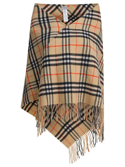 Burberry Fringed Checked Wool And Cashmere-blend Cape In Brown