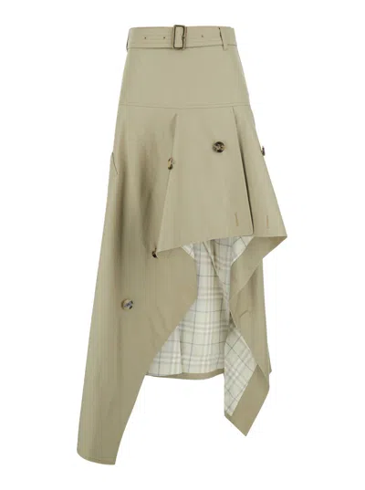 Burberry Asymmetrical High-waist Cotton Skirt With Flared Hem And Check Lining In Green