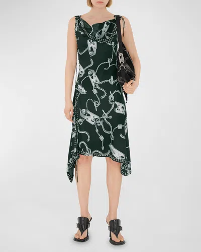 Burberry Asymmetrical Printed Midi Dress With Grommet Detail In Silver/green