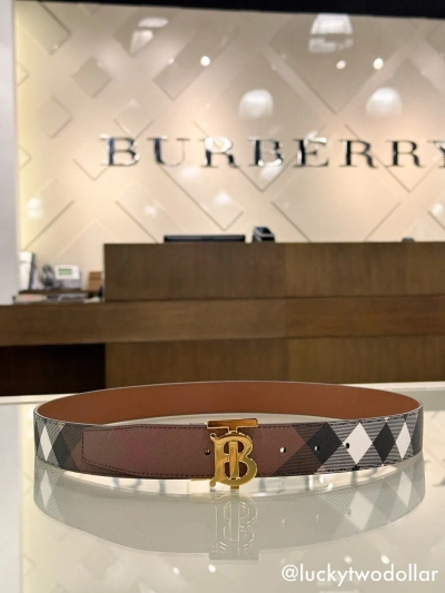 Pre-owned Burberry Authentic  Check And Leather Reversible Tb Belt Brown & Birch Brown