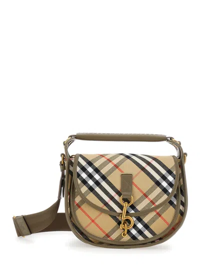 Burberry 'b-clip Small' Beige Handbag With Vintage Check Motif And Clip Closure In Fabric Woman