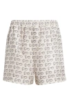 Burberry B Closure Print Silk Shorts In Silver/ White
