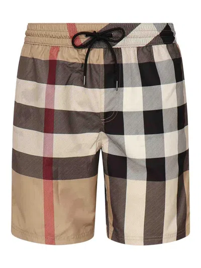 Burberry Check Swim Shorts In Beige