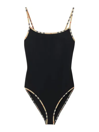 Burberry Swimsuit With Checked Finishes In Black