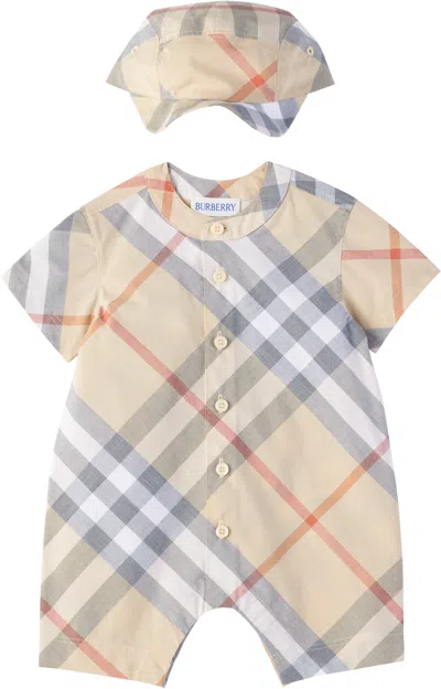 Burberry Baby Beige Check Cotton Jumpsuit & Cap Set In Pale Stone Ip Check
