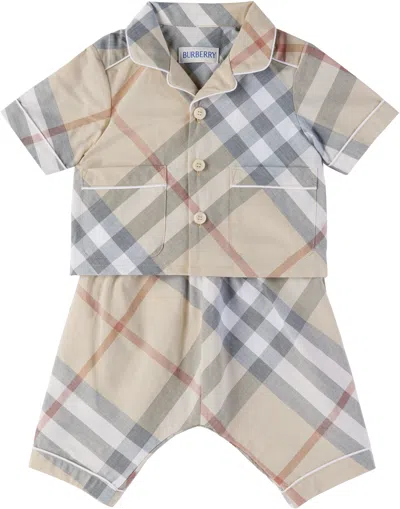 Burberry Baby Beige Check Cotton Shirt & Trousers Set In Pale Stone Ip Check