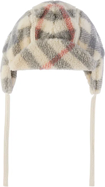 Burberry Baby Beige Check Fleece Trapper Beanie In Pale Stone Ip Check
