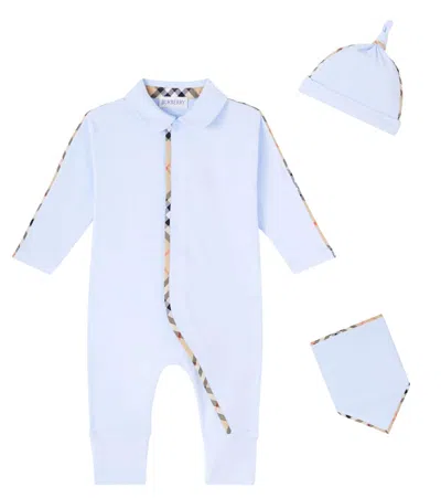 Burberry Baby Cotton-blend Beanie, Bib, And Onesie Set In Multi