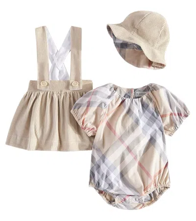 Burberry Kids' Baby Cotton Bodysuit, Pinafore, And Hat Set In Multicoloured