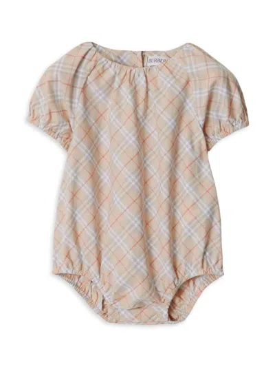 Burberry Baby Girl's Check Bubble Bodysuit In Pale Stone Check