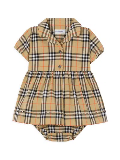 Burberry Baby Girl's Check Puff-sleeve Dress & Bloomers Set In Brown