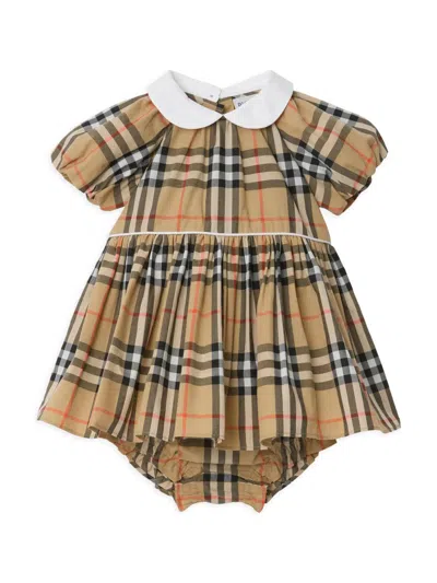 Burberry Baby Girl's Check Puff-sleeve Dress & Bloomers Set In Brown