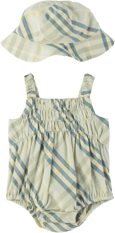 Burberry Baby Green Check Cotton Bodysuit & Hat Set In Breeze Ip Check