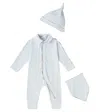 Burberry Baby Onesie, Bib, And Beanie Set In Blue