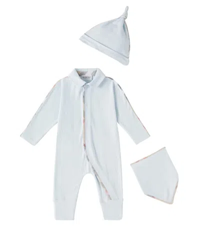 Burberry Baby Onesie, Bib, And Beanie Set In Blue